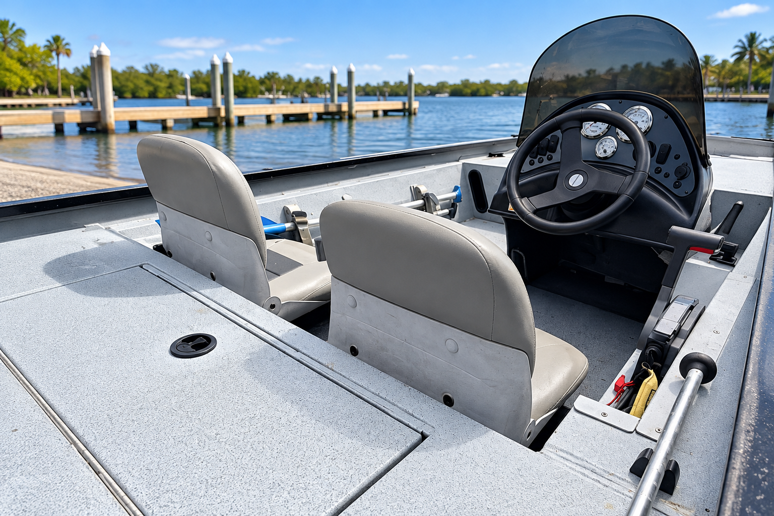 Interior deck, seats, and steering console of the aluminum safety boat