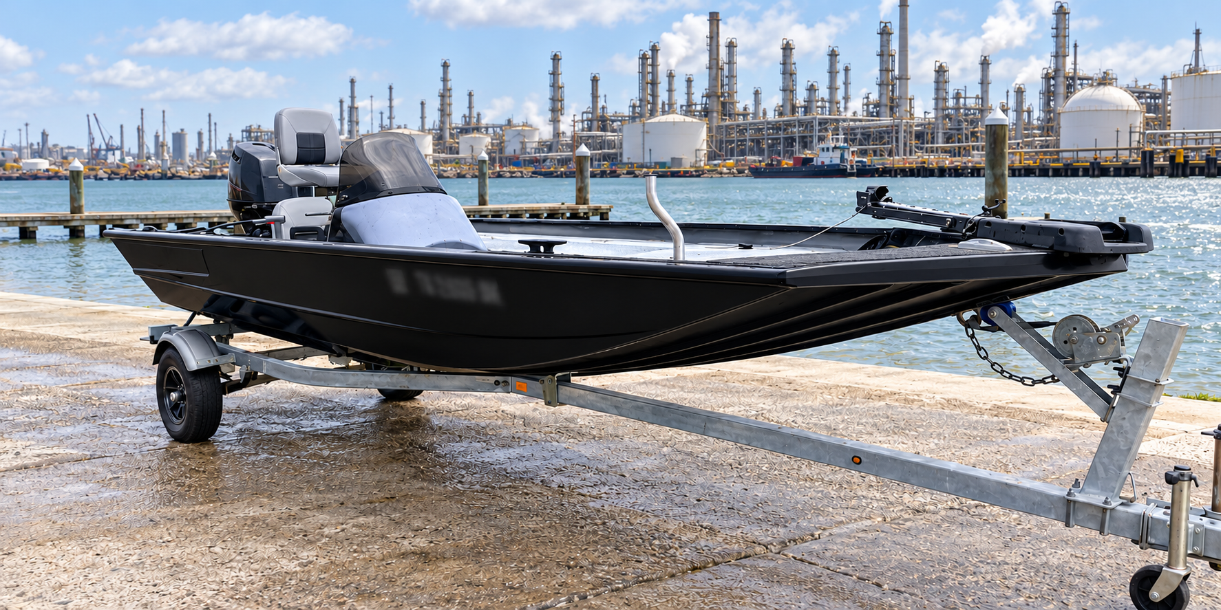 Black aluminum safety boat on a trailer near an industrial waterfront